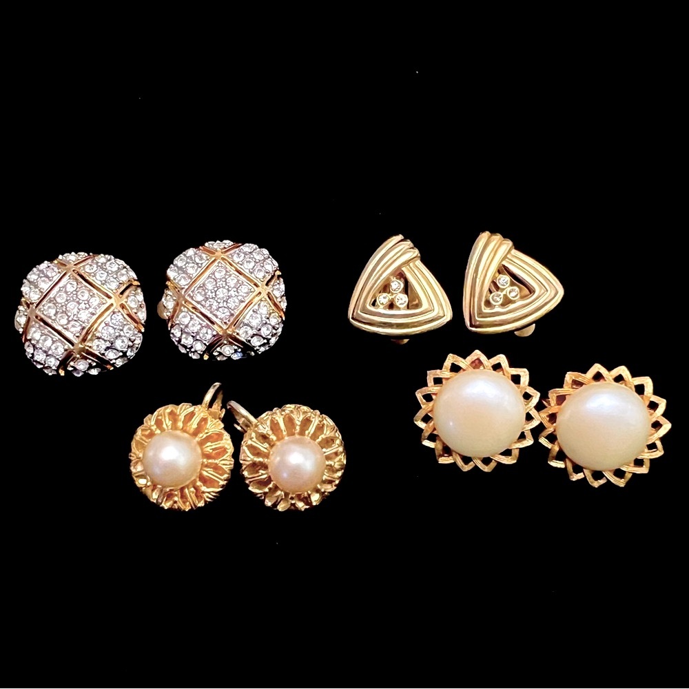 Vintage Lot of 4 Rhinestone and Faux Pearl Clip-on Earrings